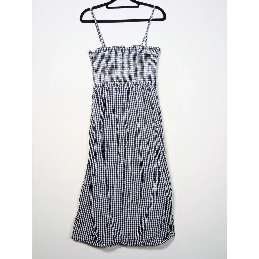 J.Crew Gingham Smocked Cotton Midi Dress M Navy White Cottagecore Summer Picnic